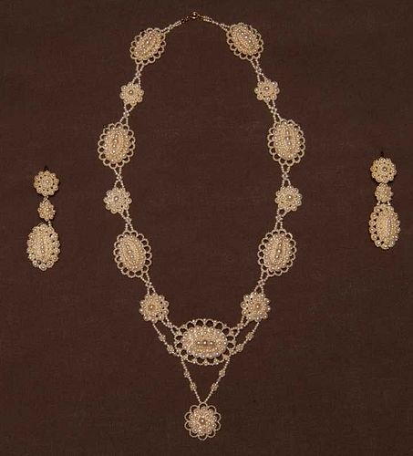 SEED PEARL NECKLACE & EARRING SET, c. 1830