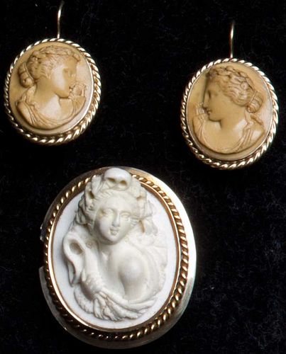 TWO PIECES LAVA CAMEO JEWELRY, 19TH C