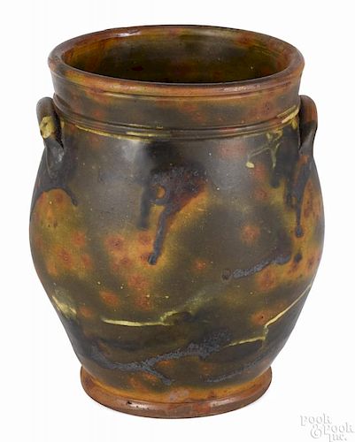 New England redware crock, 19th c., with manganese and yellow splotches