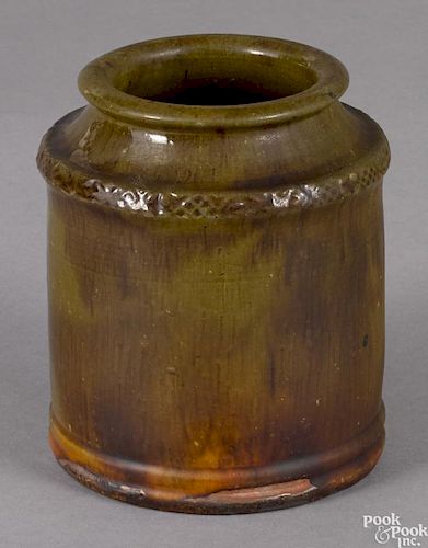 Pennsylvania redware crock, 19th c., with manganese streaked green glaze, 5 1/4'' h.