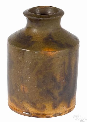 Pennsylvania redware jar, 19th c., with manganese splotching on a green and orange ground