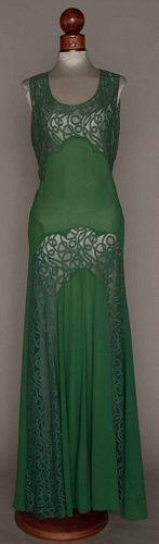 GREEN SILK & LACE GOWN, MID 1930s