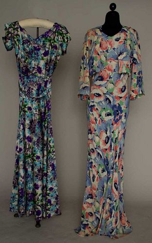 TWO FLORAL PRINT SILK GOWNS, 1930s
