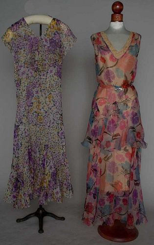 TWO PRINTED SLEEVELESS CHIFFON GOWNS, 1930s