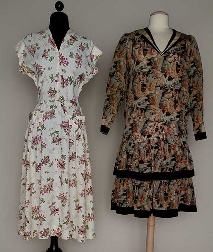 TWO PRINTED DAY DRESSES, 1926 & 1940s