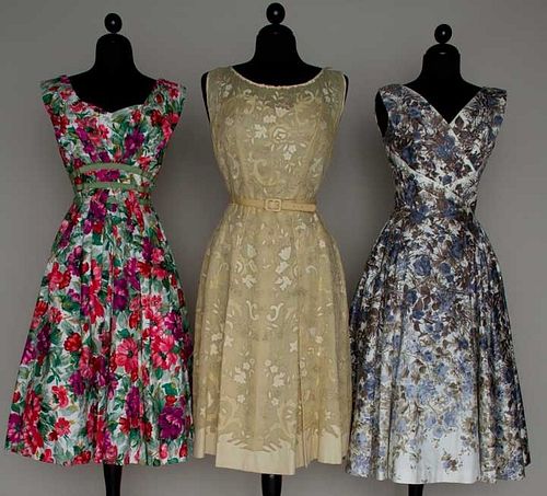 THREE FLORAL PARTY DRESSES, MID 1950s