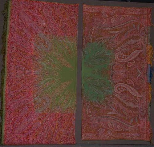TWO GREEN CENTER PAISLEY SHAWLS, 19TH C