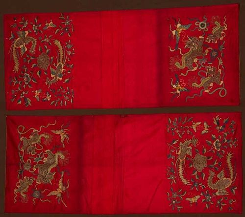 PAIR RED SILK CHAIR COVERS, CHINA, 19TH C