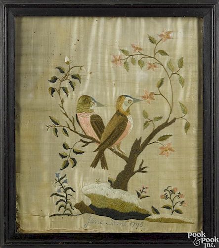 Silkwork picture of two birds, dated 1795, inscribed Jane Mans, 13 1/4'' x 11 1/2''.