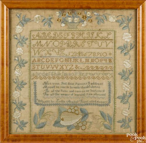 Massachusetts silk on linen sampler, early 19th c., wrought by Lydia Abigail Friend, 15'' x 15''.