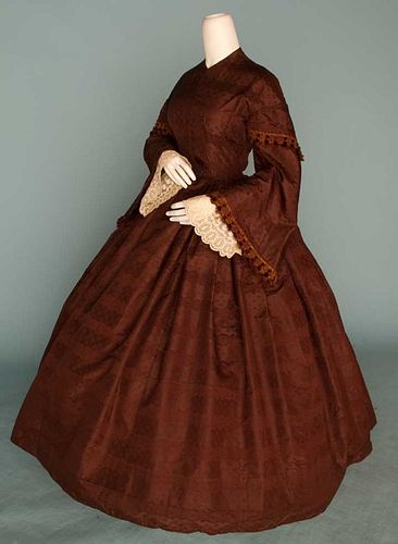 CHOCOLATE SILK BROCADE DAY DRESS, 1850s