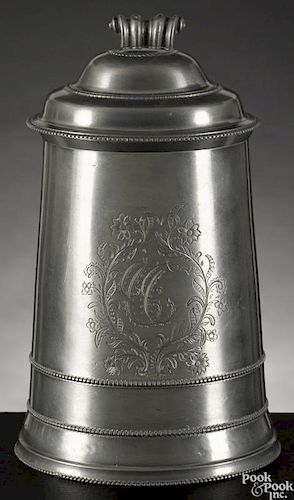 Fine Philadelphia pewter tankard, ca. 1780, attributed to William Will, with beaded bands