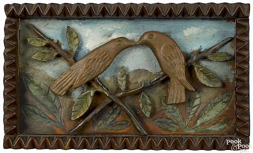 Folk art carved and painted plaque of two love birds, late 19th c., 5 1/2'' x 9 1/2''.