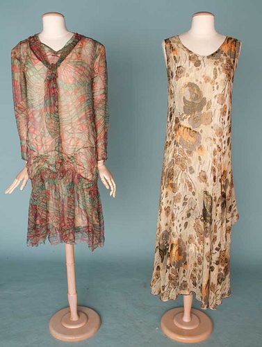 TWO PRINTED SILK CHIFFON DRESSES, 1930s