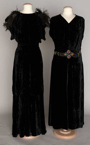 TWO BLACK VELVET DRESSES, 1930-1940