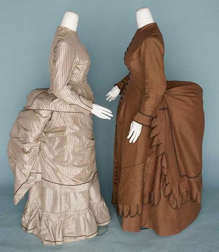 TWO BROWN BUSTLE DRESSES, 1880s