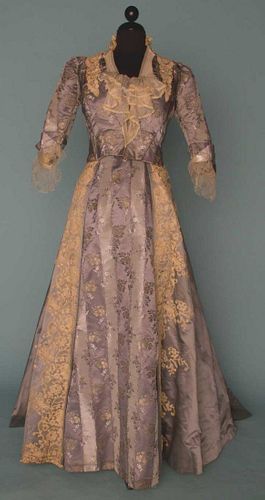 STEEL BLUE SILK & LACE EVENING DRESS, 1880s
