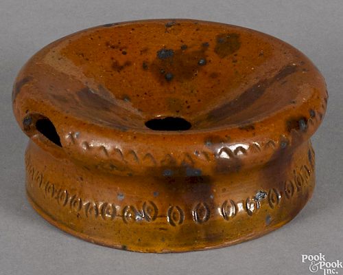 Small Pennsylvania redware spittoon, 19th c., with manganese splash and incised coggle rim