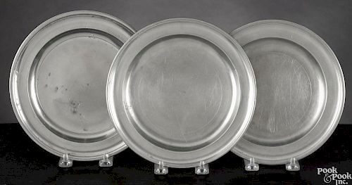 Three Rhode Island pewter plates, 18th/19th c., bearing the touches of Gershom Jones