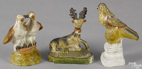 Three pieces of Pennsylvania chalkware, 19th c., to include a songbird, a stag, and love birds