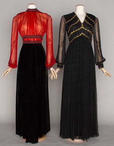 TWO BLACK EVENING GOWNS, 1970s