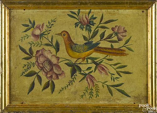 Continental oil on canvas folk painting, early 19th c., of a bird perched on a floral sprig