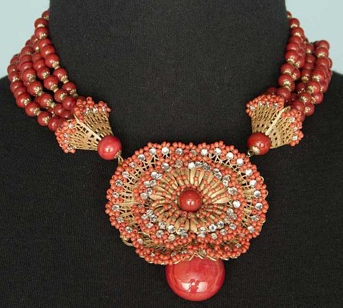 HASKELL JEWELED CORAL NECKLACE, 1940-1950