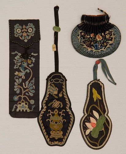 FOUR EMBROIDERED ACCESSORIES, CHINA, 19TH C