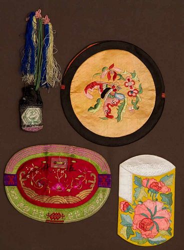 FOUR EMBROIDERED ACCESSORIES, 19TH-20TH C