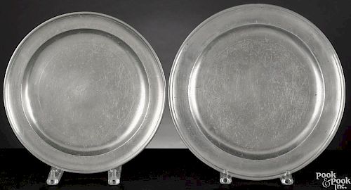 Two Massachusetts pewter chargers, early 19th c., bearing the touches of Samuel Green