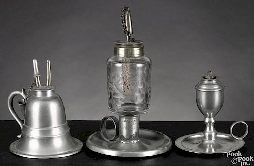 Three Massachusetts pewter fluid lamps, mid 19th c., bearing the touches of Smith & Co.