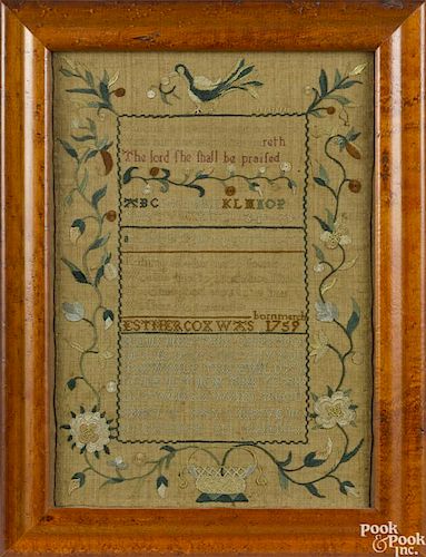 Philadelphia silk on linen sampler, ca. 1775, wrought by Esther Cox, b. 1759, 13 3/4'' x 9 3/4''