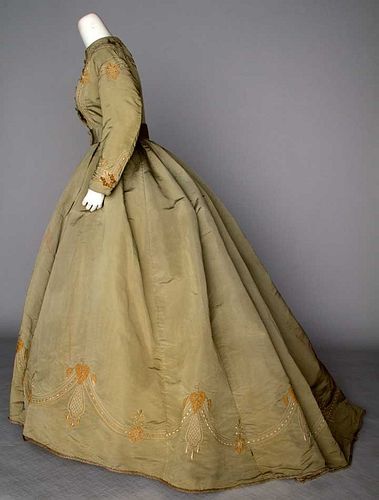EMBROIDERED SILK DAY DRESS, c. 1865
