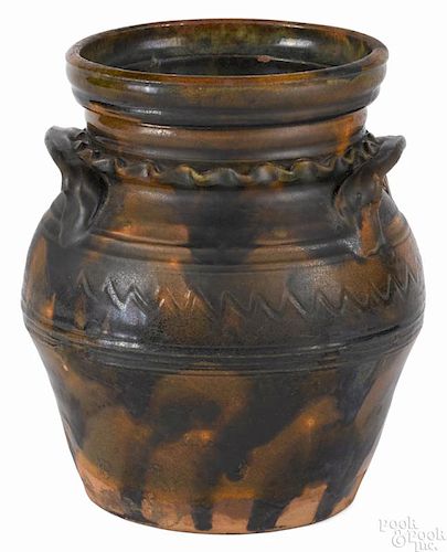 Pennsylvania redware jar, 19th c., possibly Chester County, having a ruffled band on the shoulder