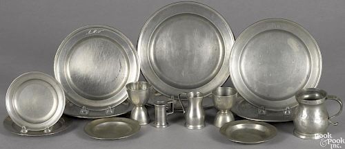 Sixteen Continental pewter plates and measures, 19th c.