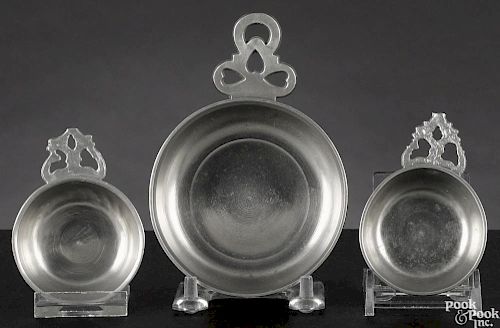 Three Springfield, Vermont pewter porringers, ca. 1805, attributed to Richard Lee, 3 1/2'' dia.