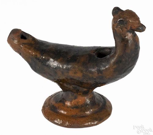 Pennsylvania redware figural bird whistle, early 19th c., with manganese splotching, 3 1/4'' h.