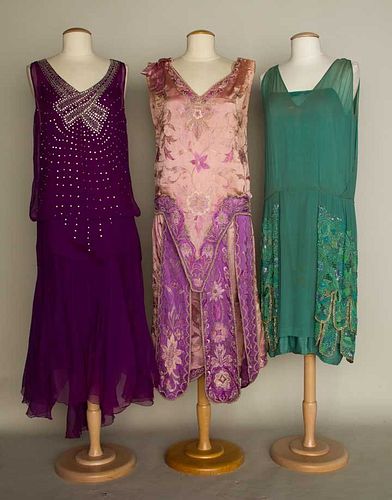THREE JEWELED SILK DRESSES, 1925-1934