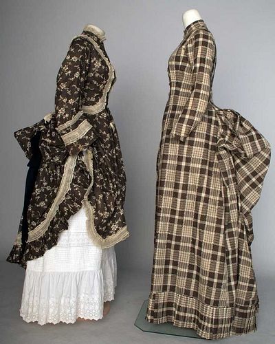 TWO COTTON BUSTLE DRESSES, 1875-1885