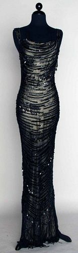 BLACK BEADED EVENING GOWN, LATE 20TH C