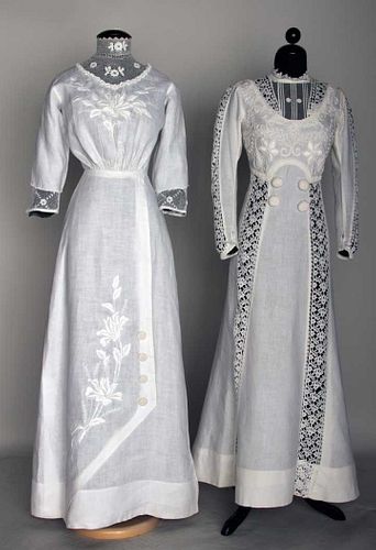 TWO WHITE LINEN SUMMER DRESSES, c. 1908