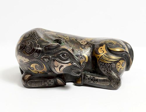FINE AND UNUSUAL GOLD AND SILVER INLAID BRONZE OX
