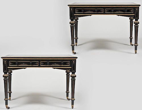 PAIR OF THIRD EMPIRE EBONIZED AND PARCEL GILT WRITING TABLES