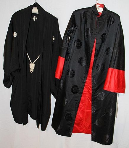 TWO MEN'S BLACK SILK ROBES, ASIA, MID 20TH C