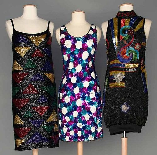 THREE COLORFUL SEQUINED DRESSES, 1970-1990