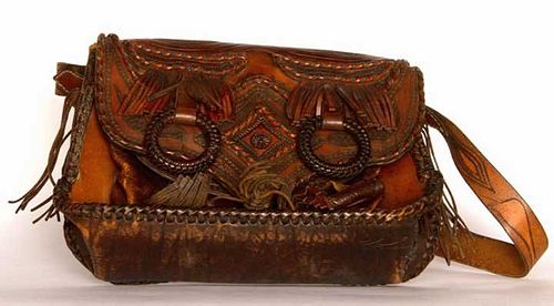 TOOLED LEATHER HIPPIE BAG, c. 1970