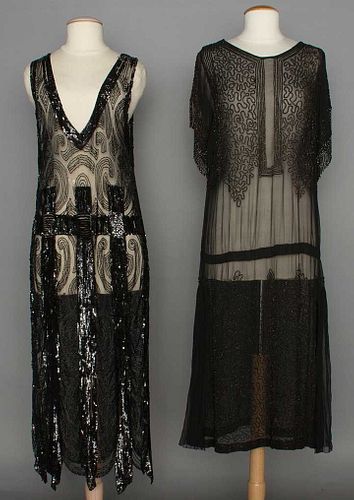 TWO BEADED BLACK DRESSES, 1920s