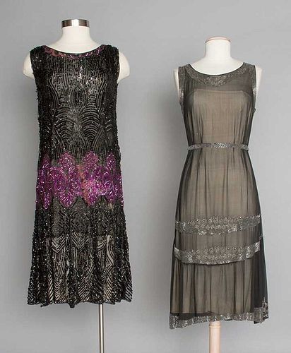 TWO BLACK FLAPPER DRESSES, 1920s