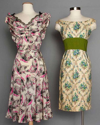 TWO PRINTED AFTERNOON DRESSES, 1940-1950s
