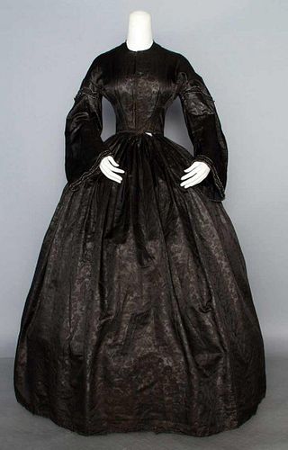 SILK DAMASK MOURNING GOWN, c. 1855